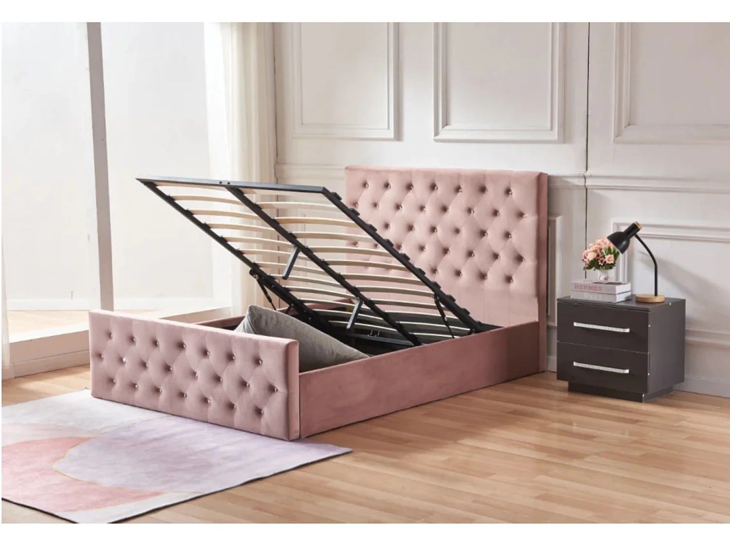 Lit coffre capitonné velours Korry-Couleur Rose clair-140x190