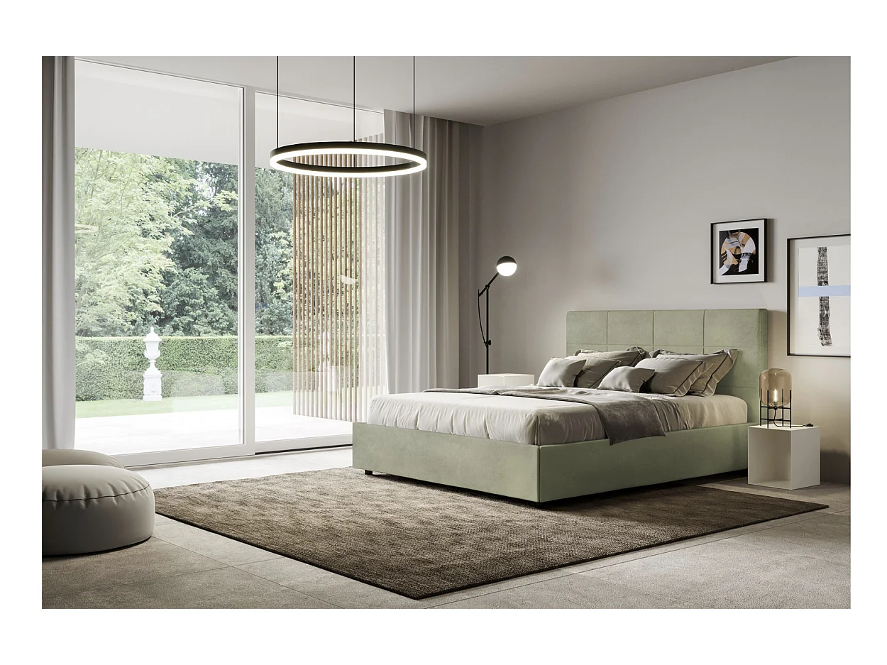 Lit capitonné microfibre Mira-Couleur Vert kaki-140x190-Option Avec sommier