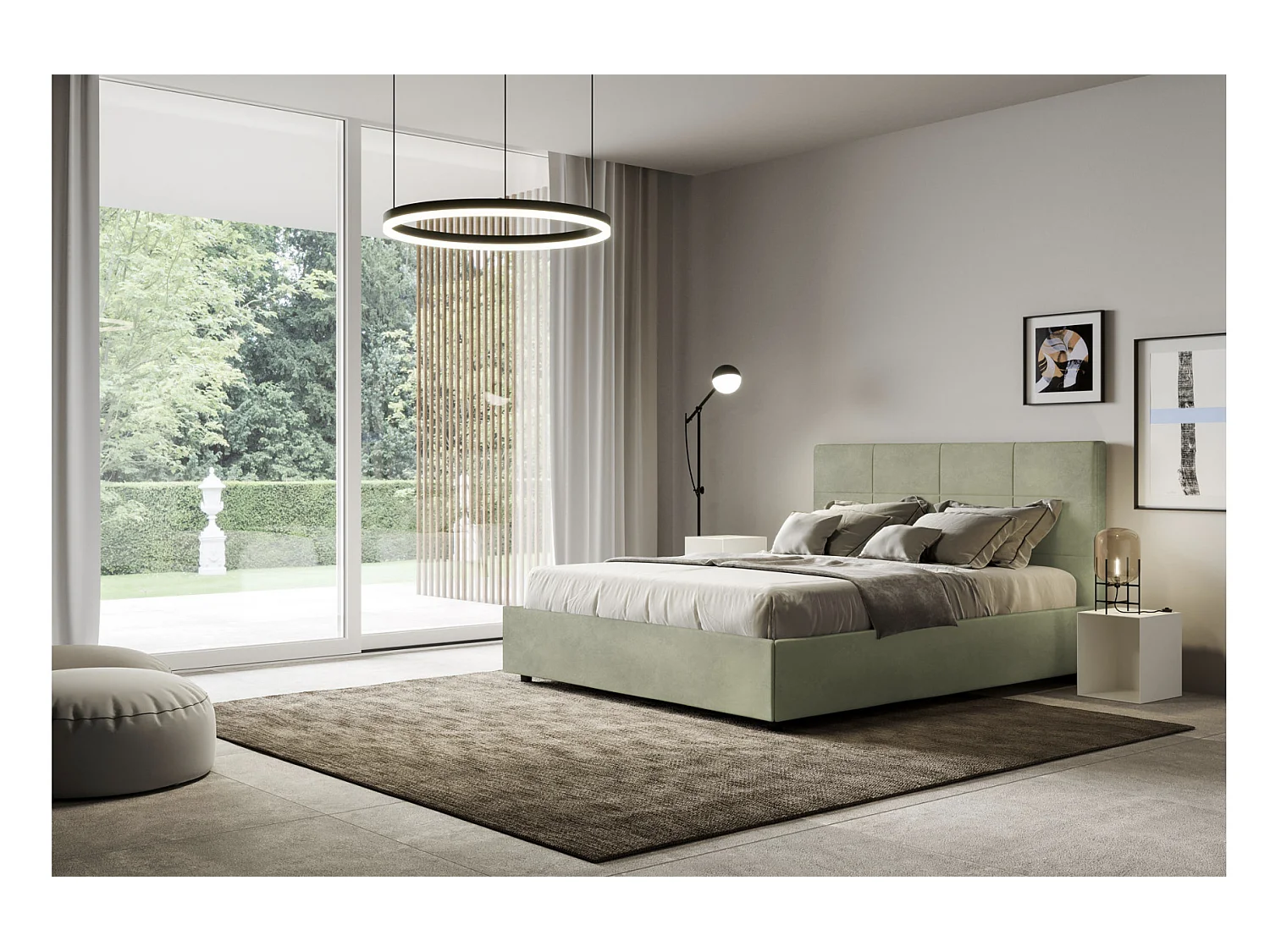 Lit capitonné microfibre Mira-Couleur Vert kaki-140x190-Option Avec sommier