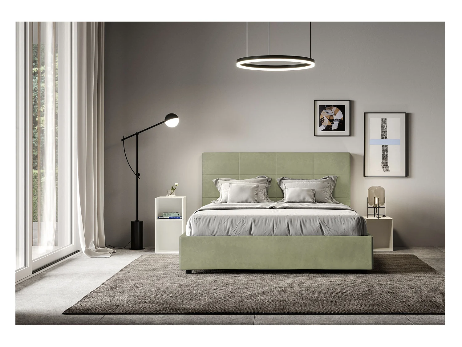 Lit capitonné microfibre Mira-Couleur Vert kaki-140x190-Option Avec sommier