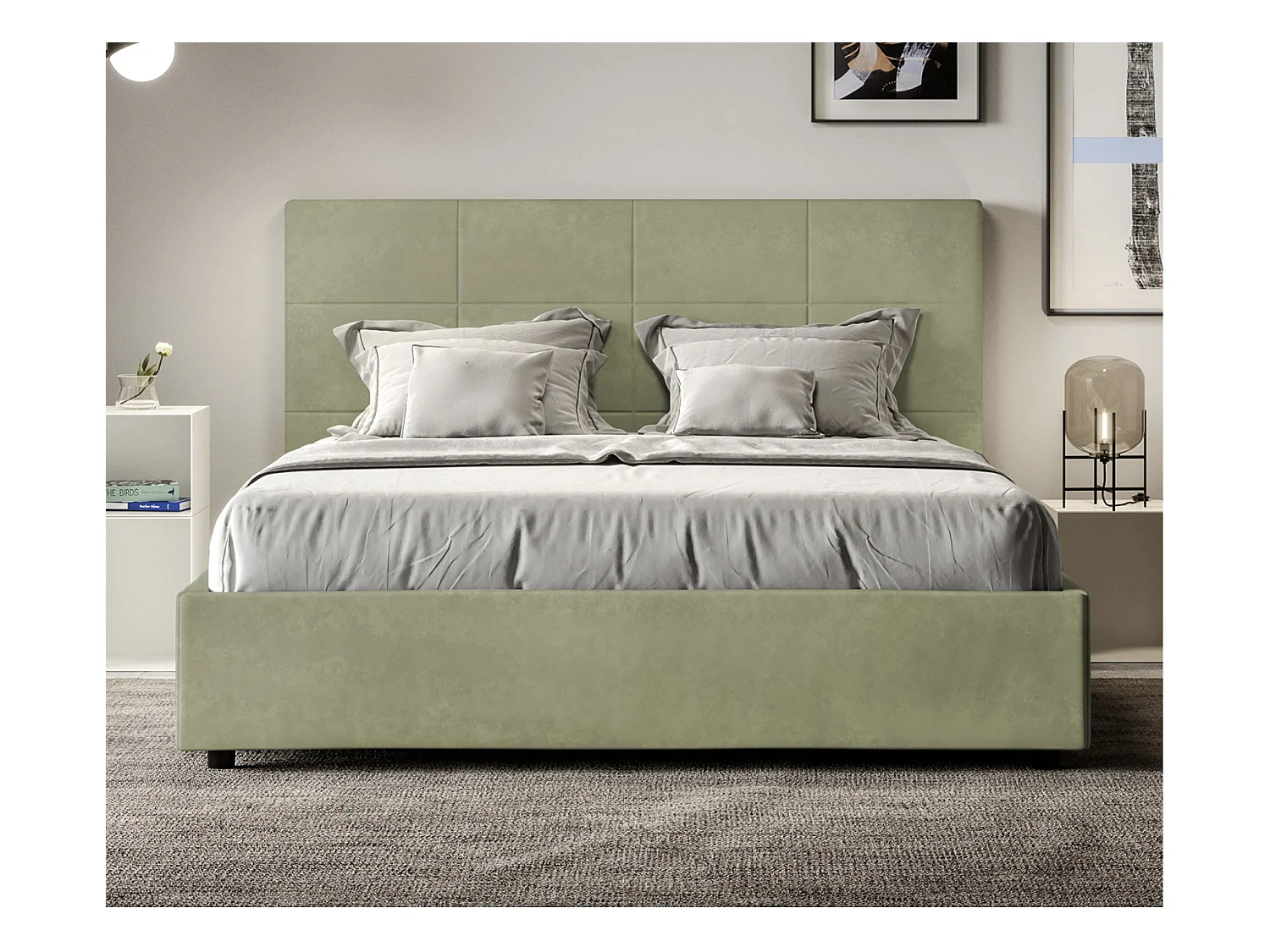 Lit capitonné microfibre Mira-Couleur Vert kaki-140x190-Option Avec sommier