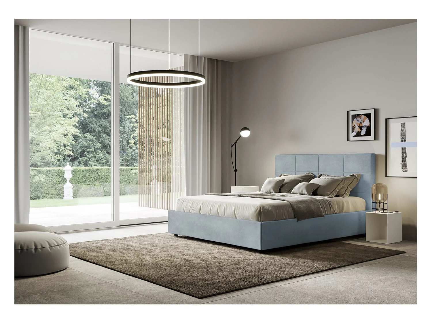 Lit capitonné microfibre Mira-Couleur Vert kaki-140x190-Option Avec sommier