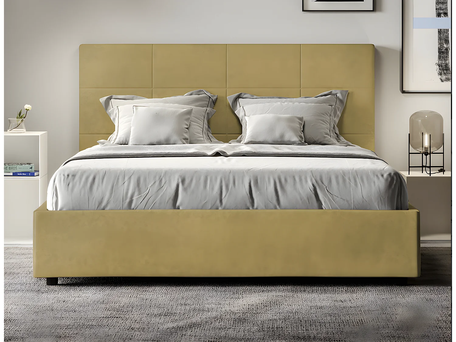 Mira microvezel gestoffeerd bed-Kleur Kerrie geel-Slapen 160x200cm-Keuze Zonder boxspring