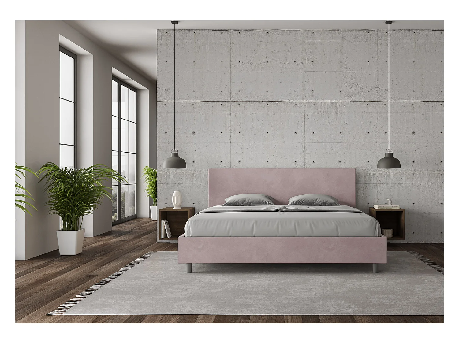 Lit adulte moderne microfibre Adelyne-Couleur Rose clair-200x200-Option Avec coffre