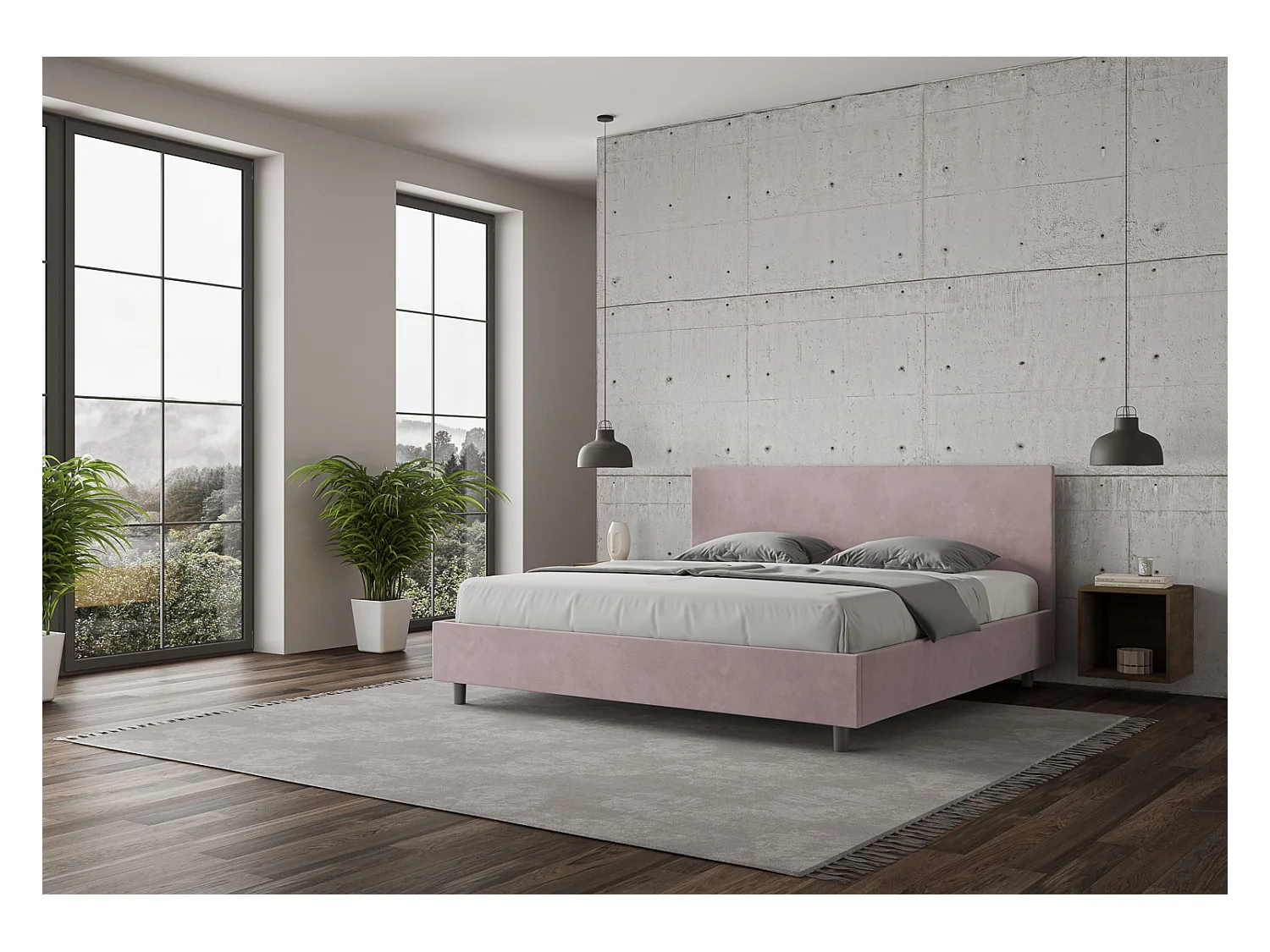 Lit adulte moderne microfibre Adelyne-Couleur Rose clair-200x200-Option Avec coffre