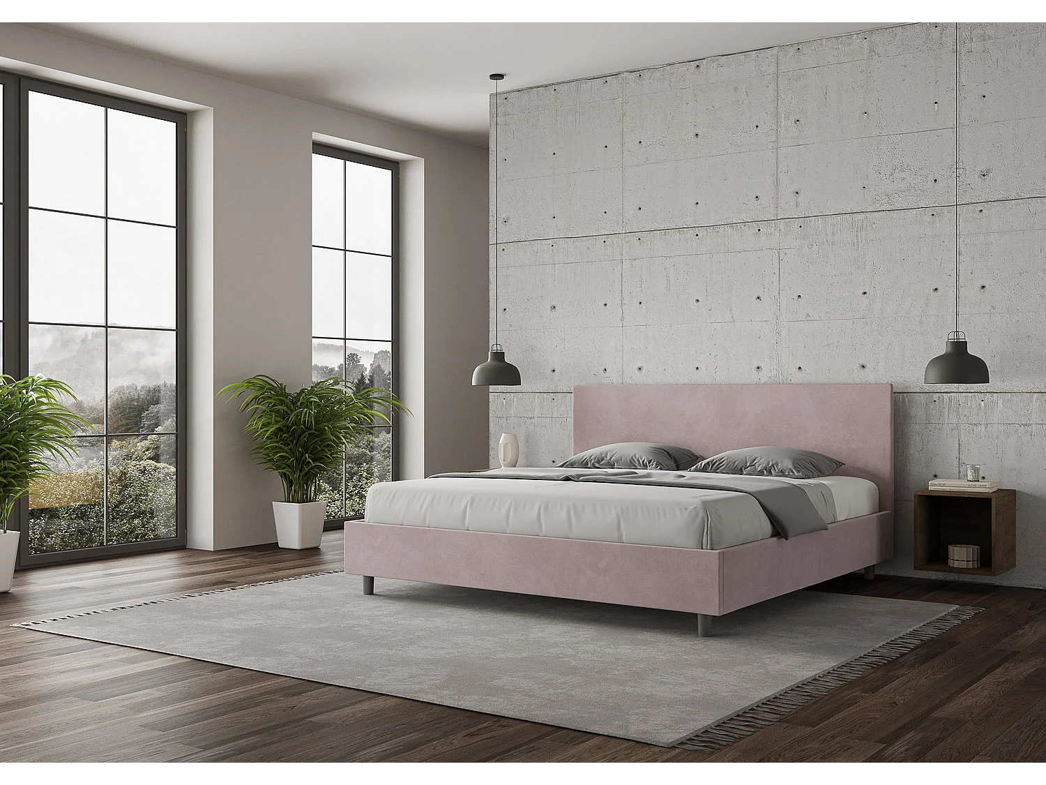 Lit adulte moderne microfibre Adelyne-Couleur Rose clair-200x200-Option Avec coffre