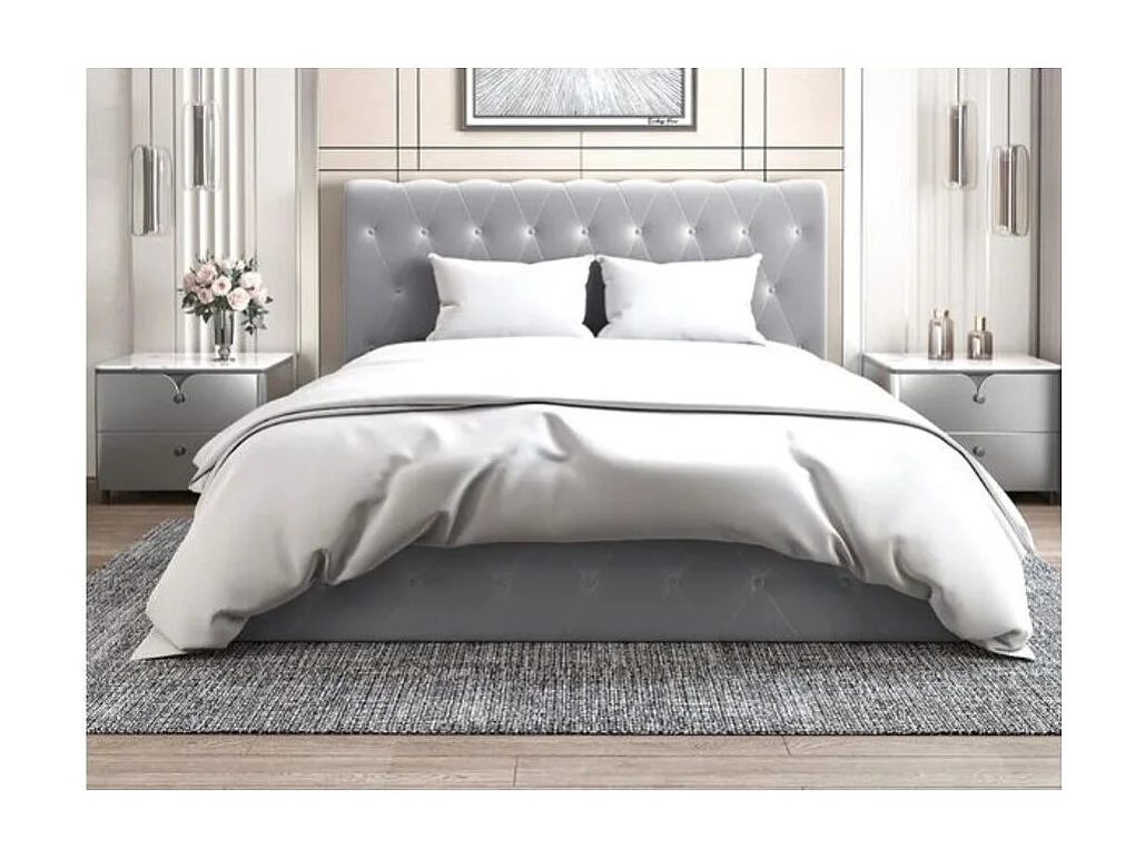 Lit coffre capitonné velours Korzi-Couleur Gris-180x200