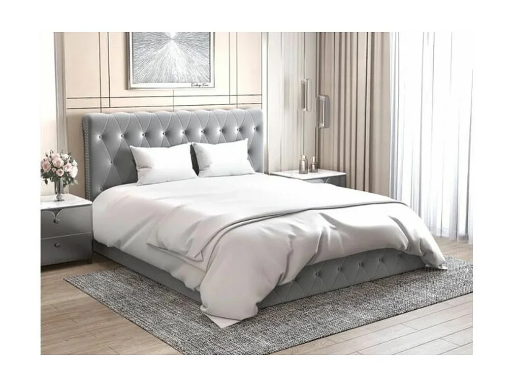 Lit coffre capitonné velours Korzi-Couleur Gris-180x200