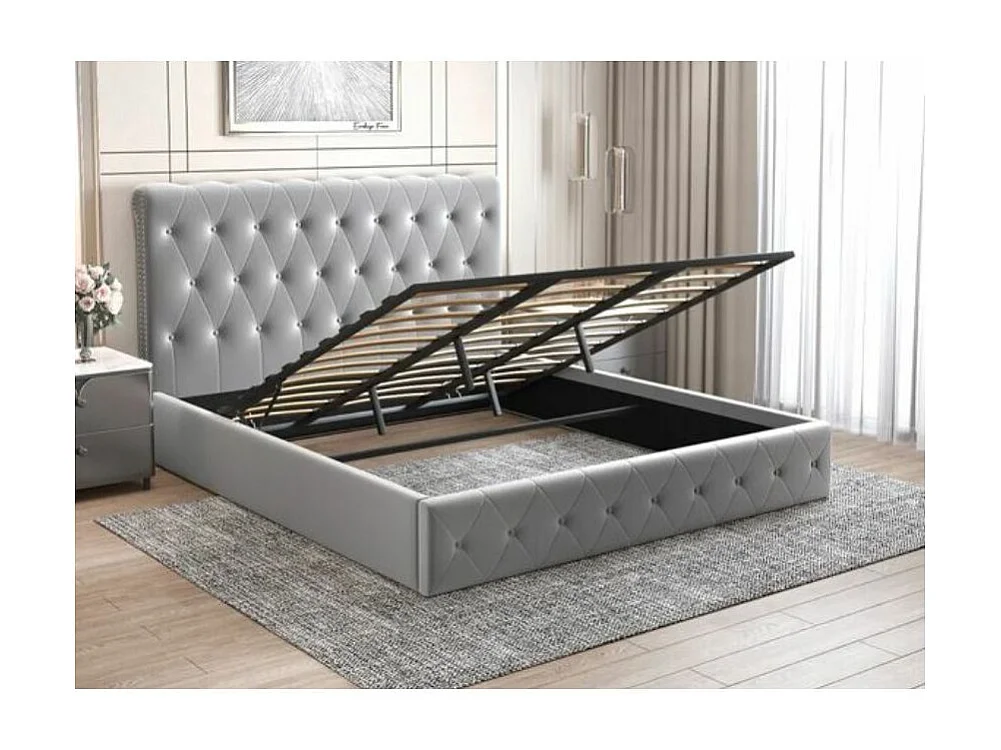 Lit coffre capitonné velours Korzi-Couleur Gris-180x200