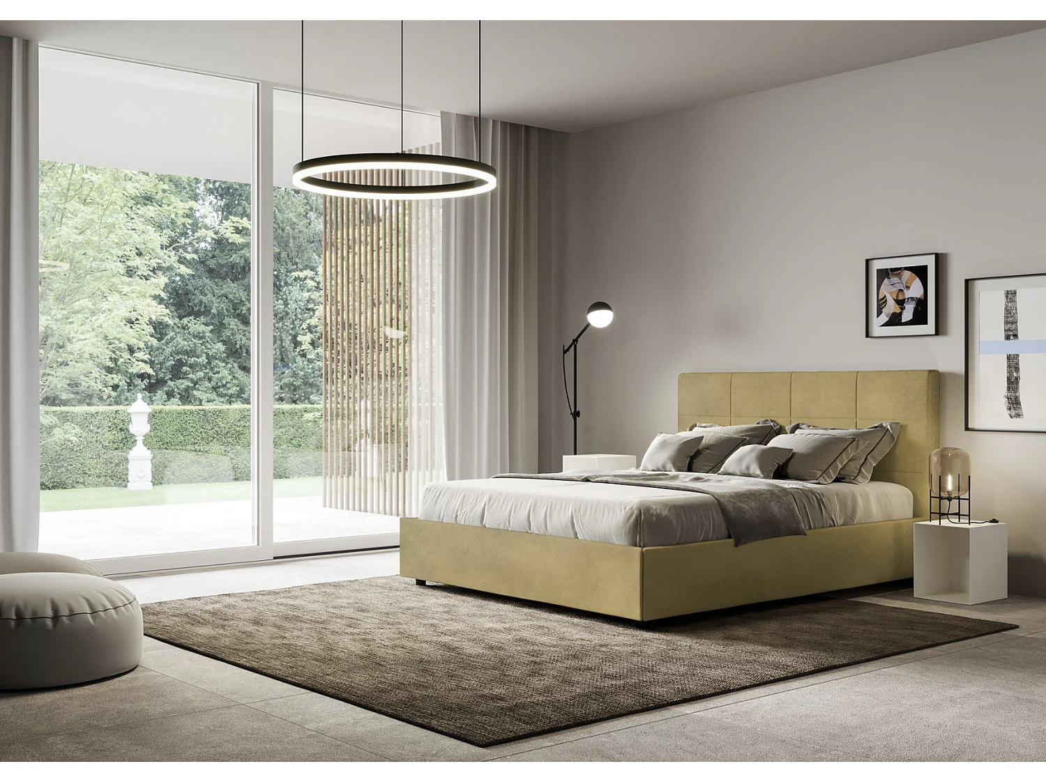 Lit capitonné microfibre Mira-Couleur Jaune curry-160x200-Option Avec coffre