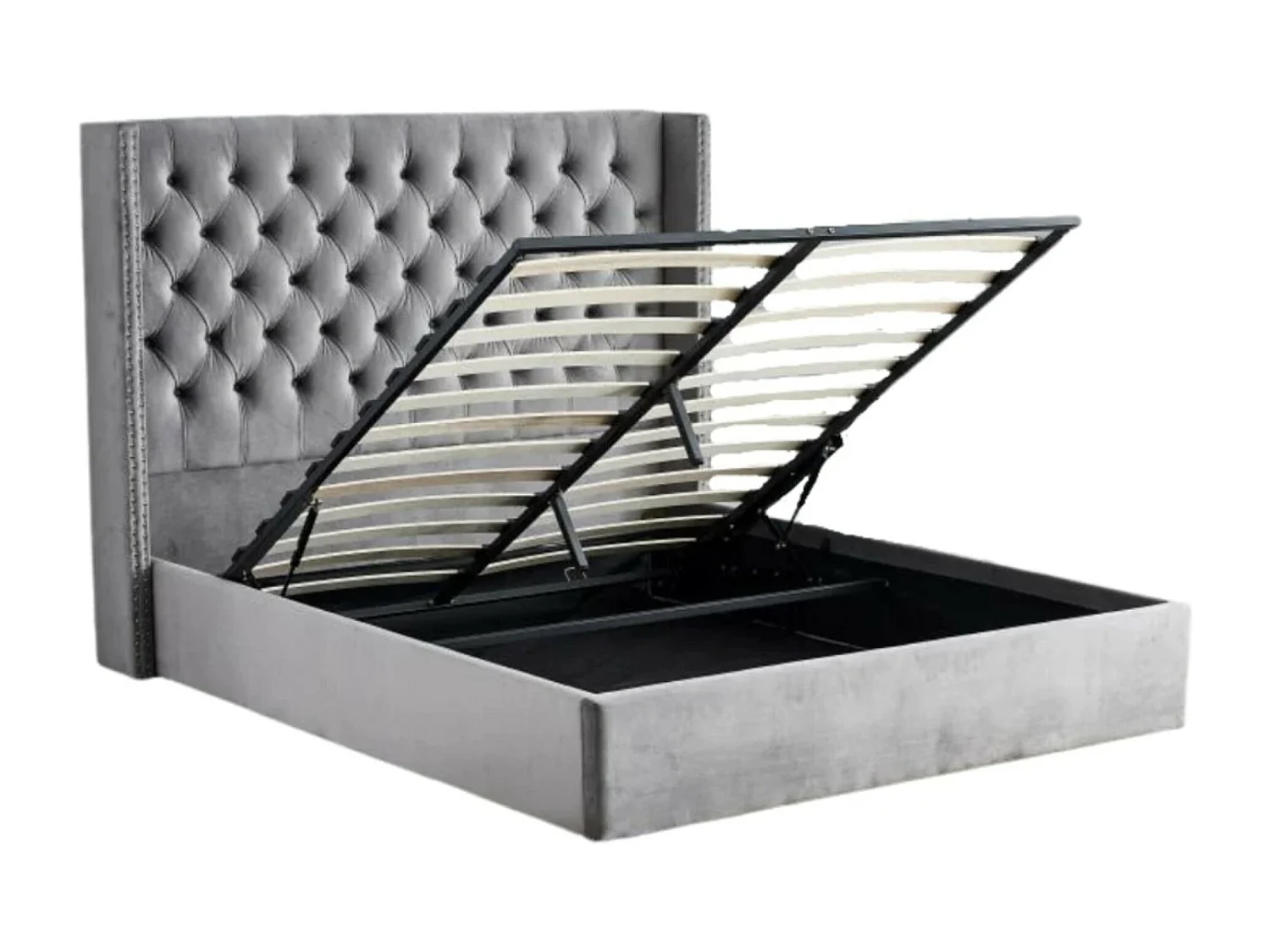 Lit coffre avec grande tête de lit capitonnée velours Loumea-Couleur Gris clair-160x200