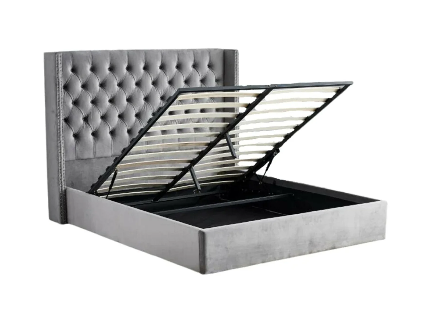 Lit coffre avec grande tête de lit capitonnée velours Loumea-Couleur Gris clair-160x200