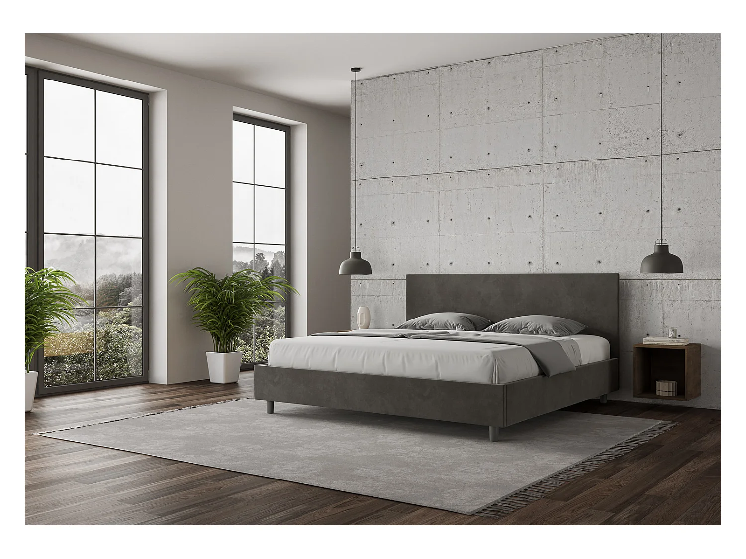 Lit adulte moderne microfibre Adelyne-Couleur Gris foncé-180x200-Option Avec coffre