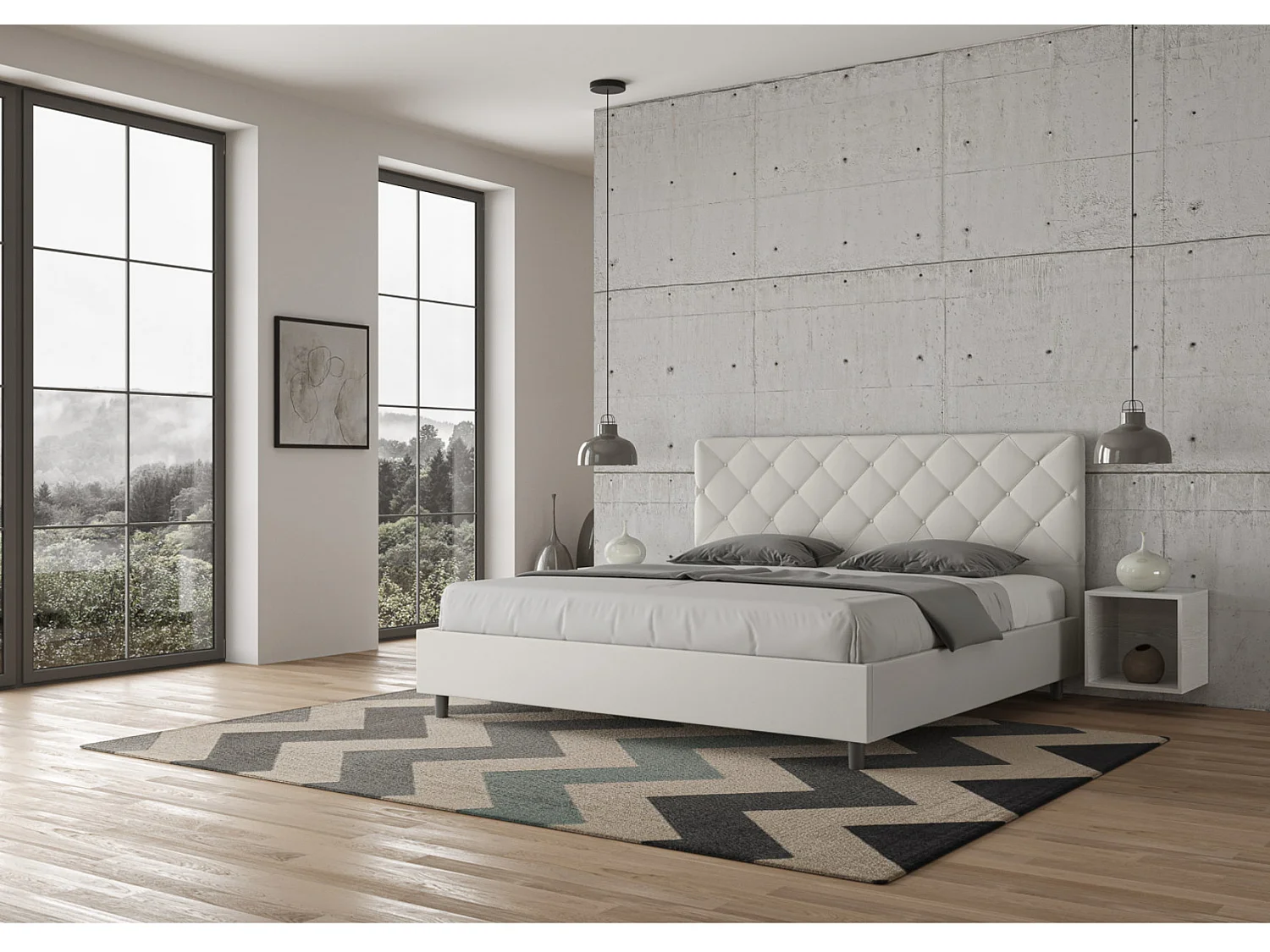 Italiaans bed voor volwassenen, gewatteerd in kunstleer Paryse-Kleur Wit-Slapen 180x200cm-Keuze Met boxspring