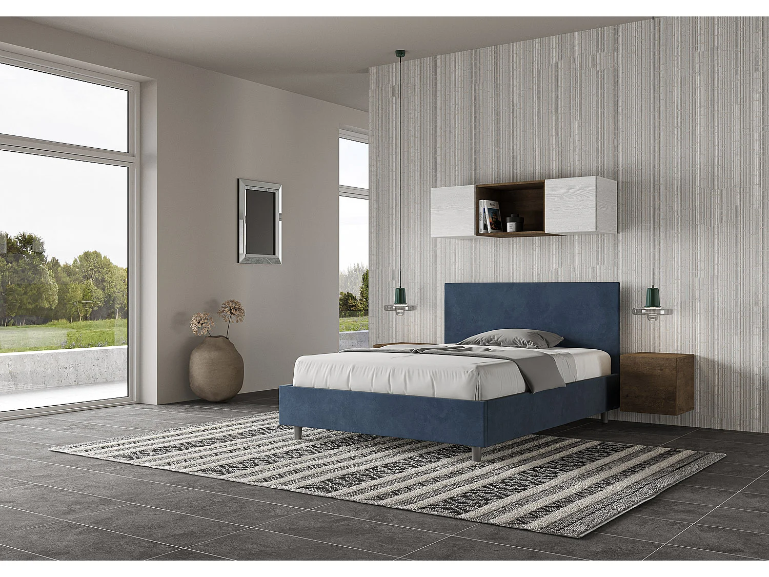 Lit adulte moderne microfibre Adelyne-Couleur Bleu marine-140x190-Option Avec sommier
