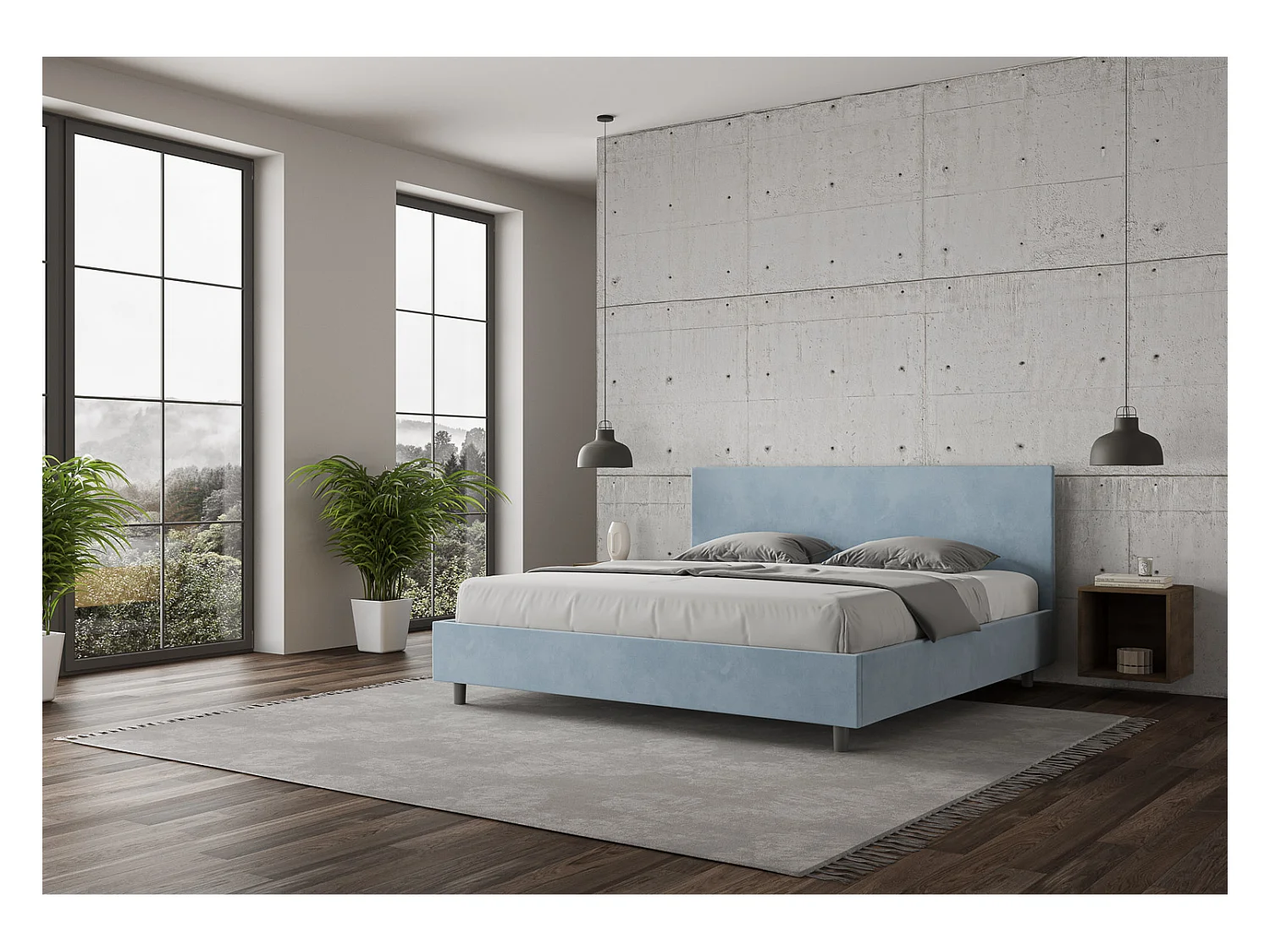 Lit adulte moderne microfibre Adelyne-Couleur Bleu clair-180x200-Option Avec coffre
