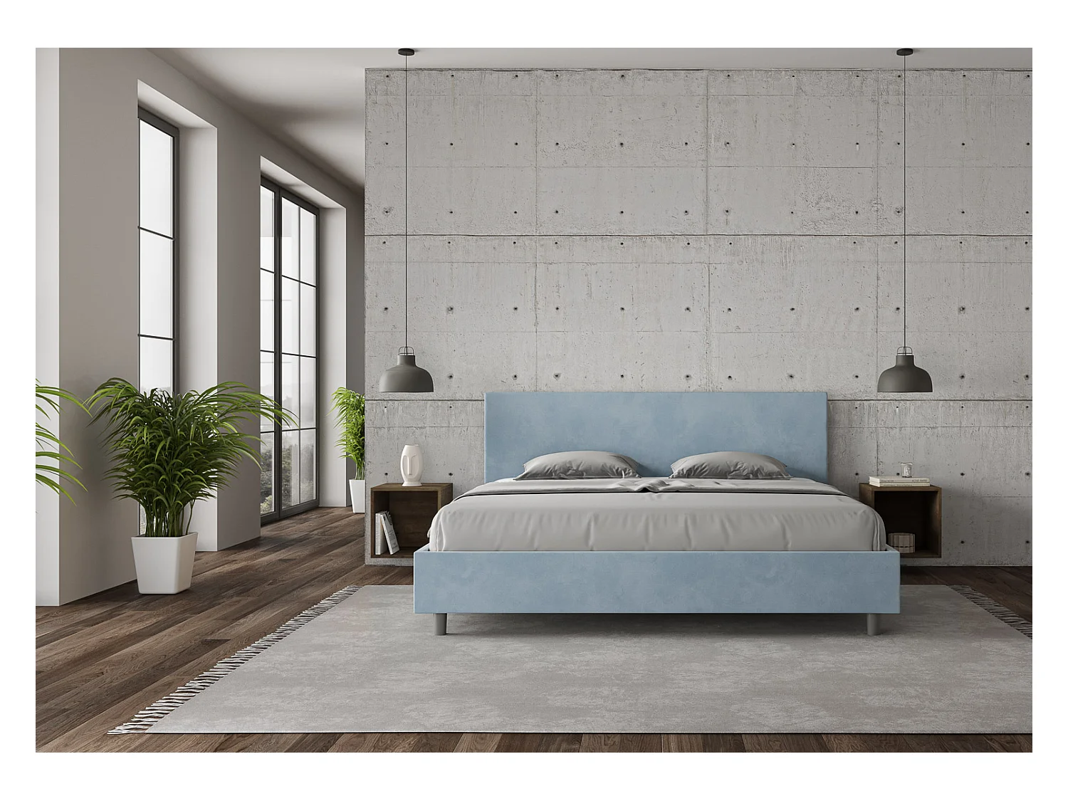 Lit adulte moderne microfibre Adelyne-Couleur Bleu clair-180x200-Option Avec coffre