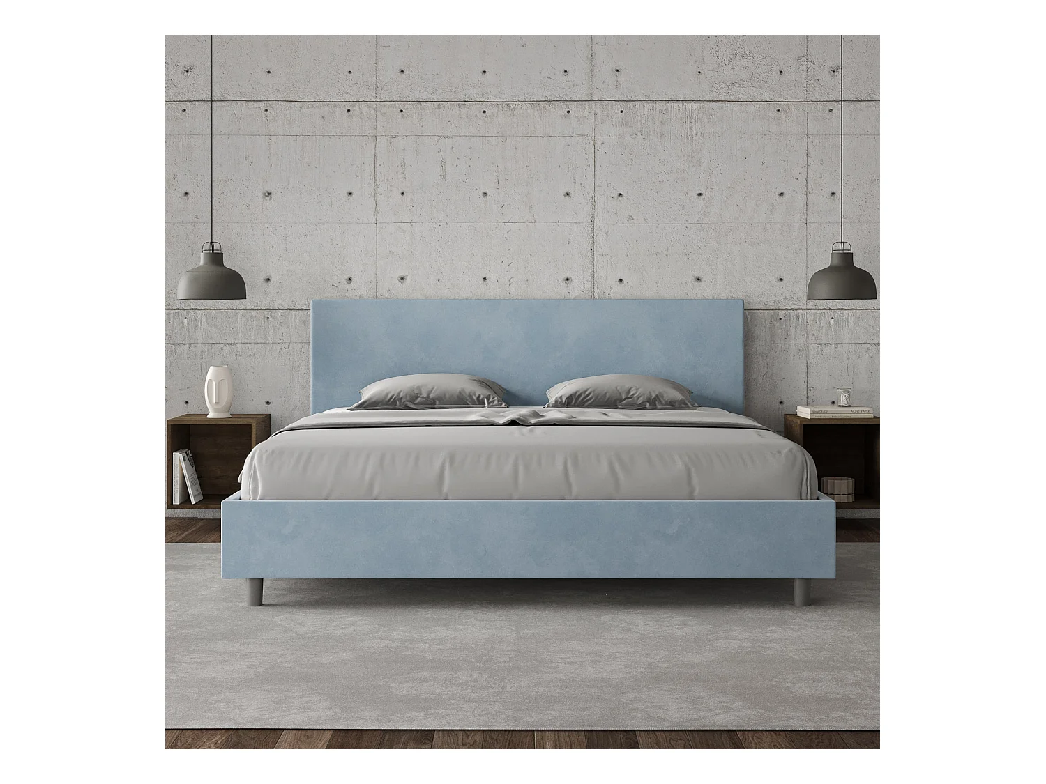 Lit adulte moderne microfibre Adelyne-Couleur Bleu clair-180x200-Option Avec coffre
