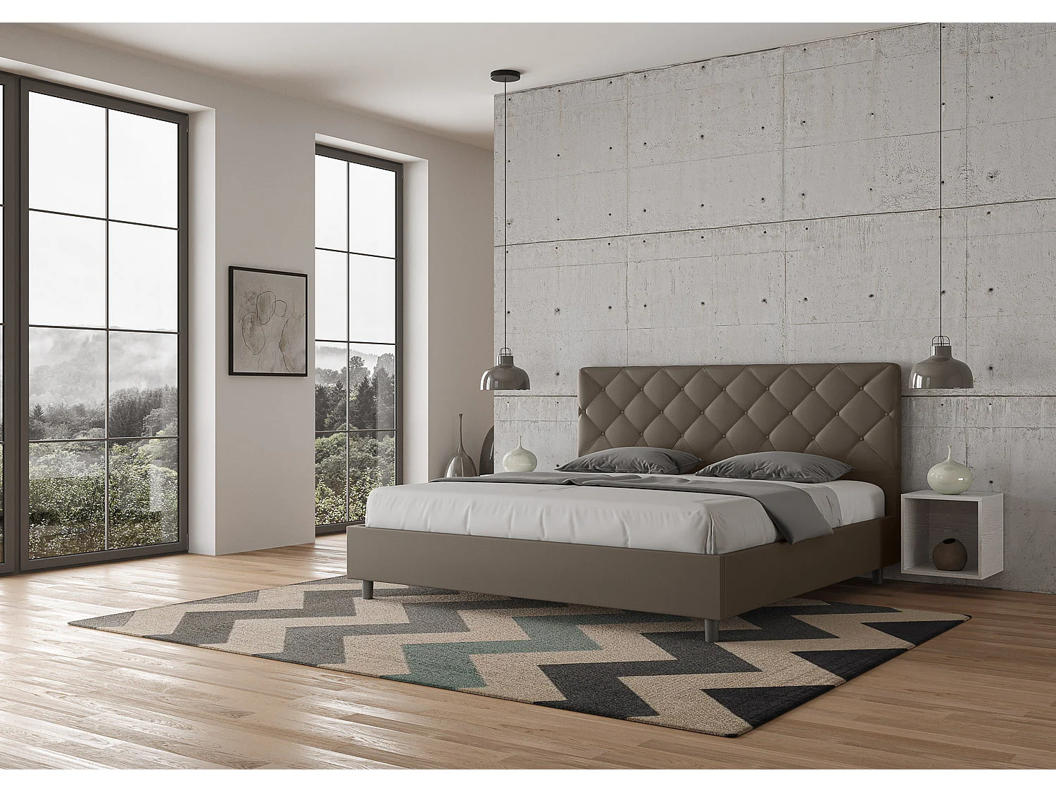 Lit adulte italien matelassé simili cuir Paryse-Couleur Marron-180x200-Option Avec sommier