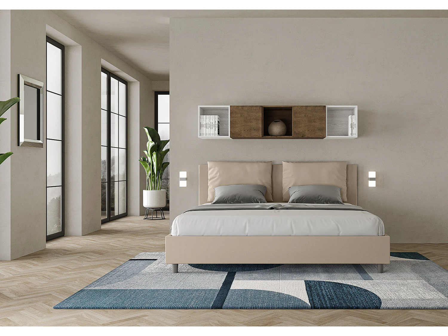 Cama de casal super king size sem estrado estofada 200x200 pele sintética tortora Antea