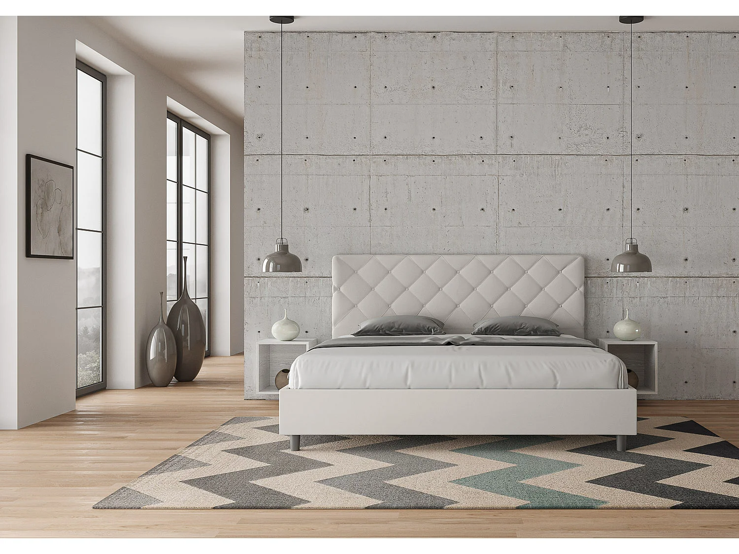 Letto matrimoniale king size contenitore imbottito 200x200 similpelle bianco Priya