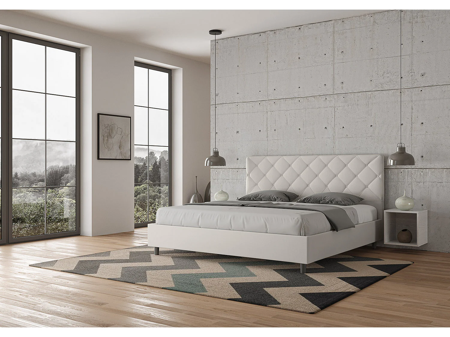 Letto matrimoniale king size contenitore imbottito 200x200 similpelle bianco Priya