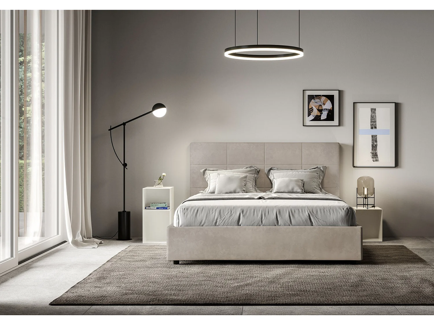 Cama tapizada de microfibra Mira-Color ribete verde crudo-Ropa de cama 140x200 cm-Opción Con base y caja