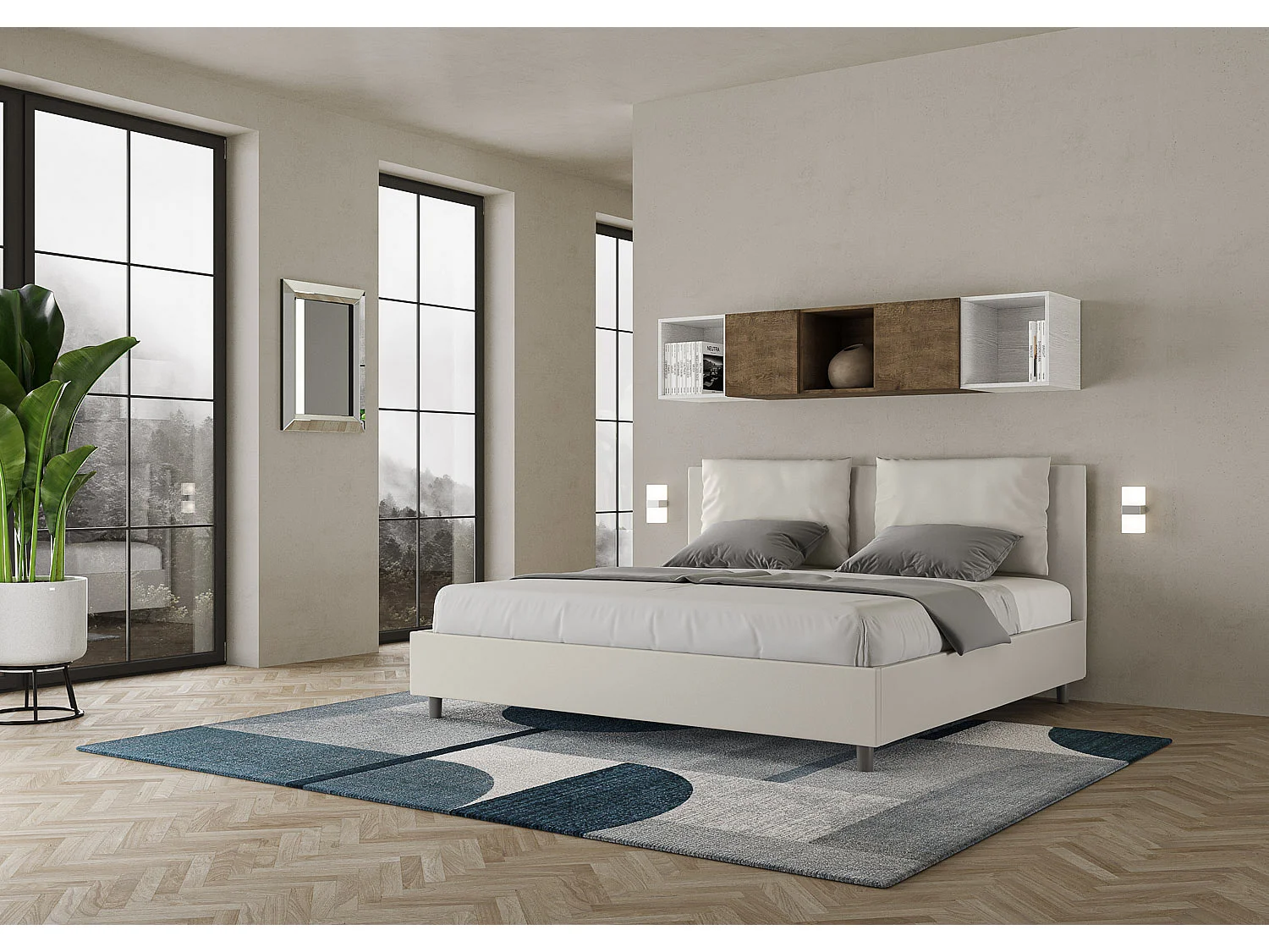 Cama para adultos moderna con cojines acolchados de piel sintética Anja.-Color Blanco-Ropa de cama 180x200 cm