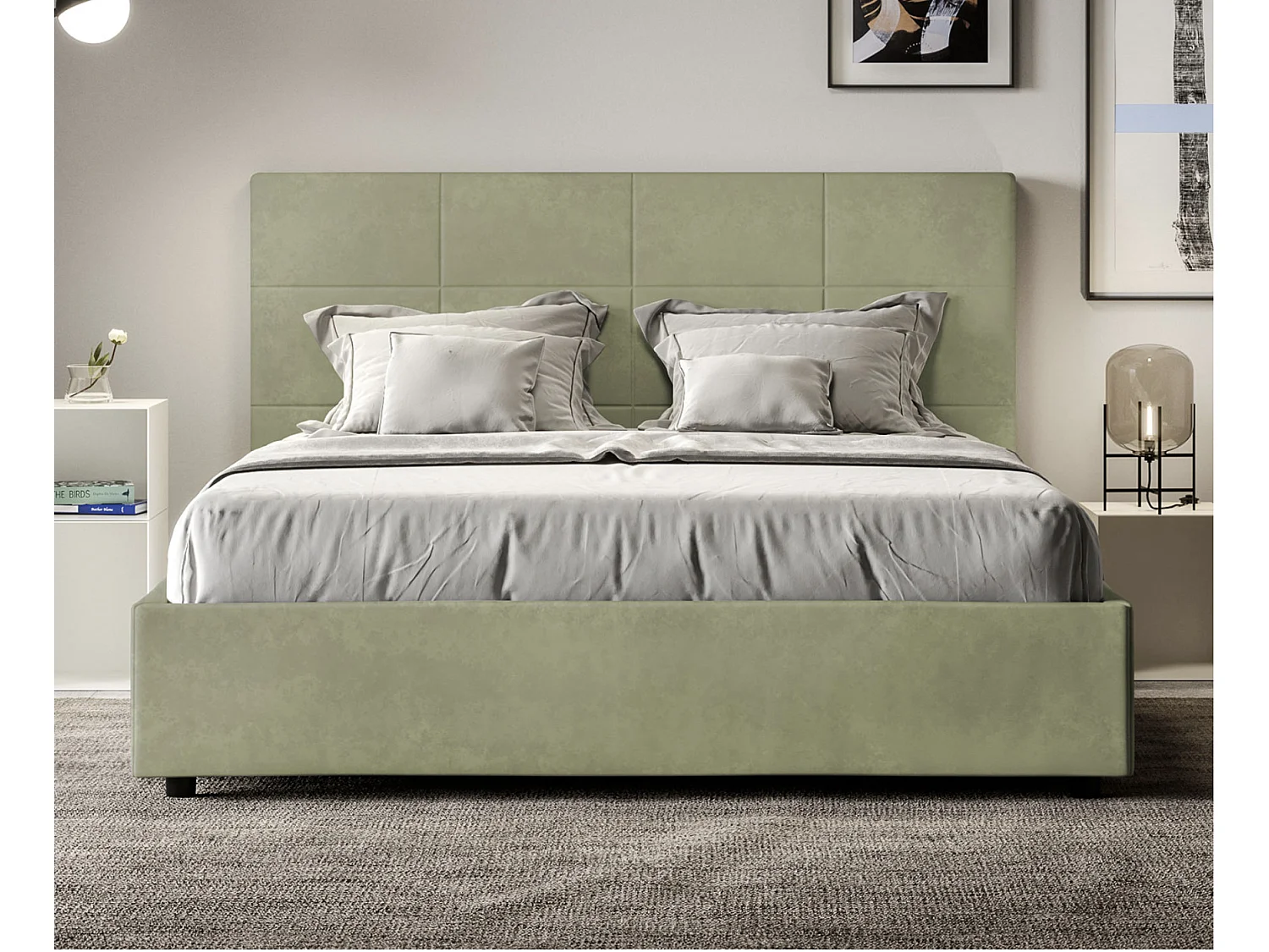Cama tapizada de microfibra Mira-Color Verde caqui-Ropa de cama 160x200 cm-Opción Con base y sin caja