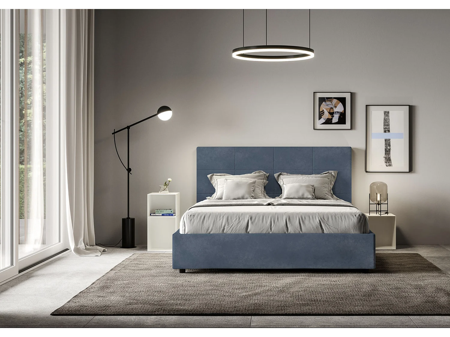 Lit capitonné microfibre Mira-Couleur Bleu foncé-140x190-Option Avec sommier