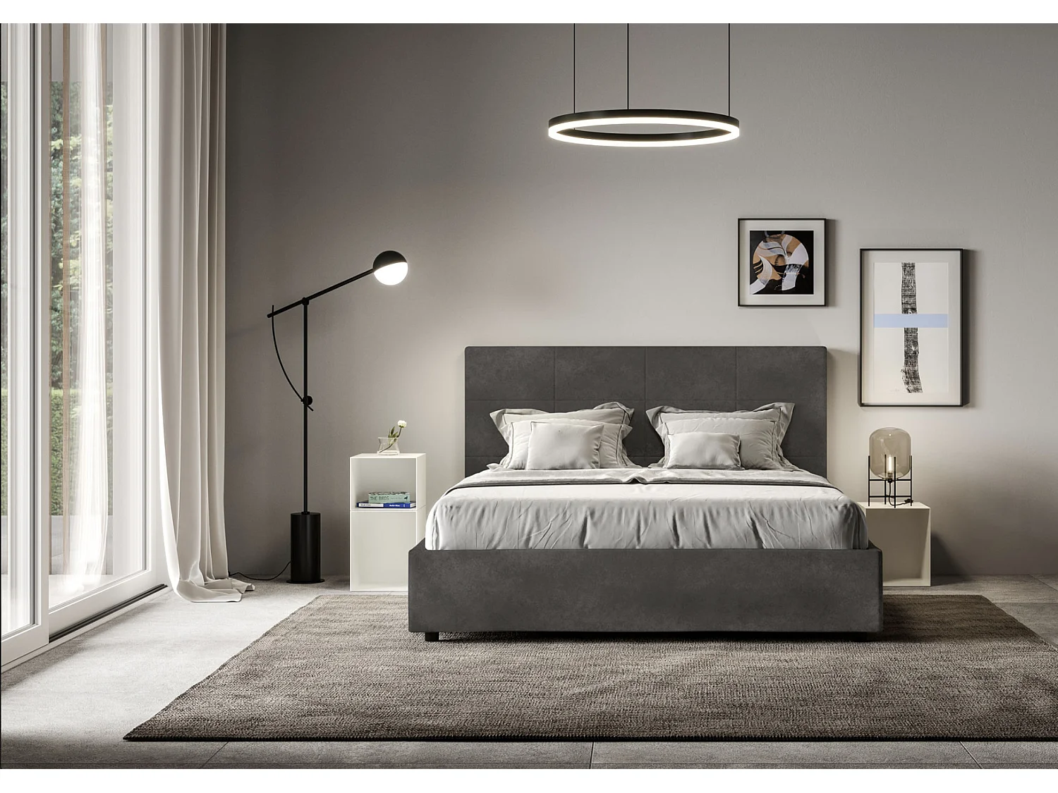 Lit capitonné microfibre Mira-Couleur Gris foncé-160x200