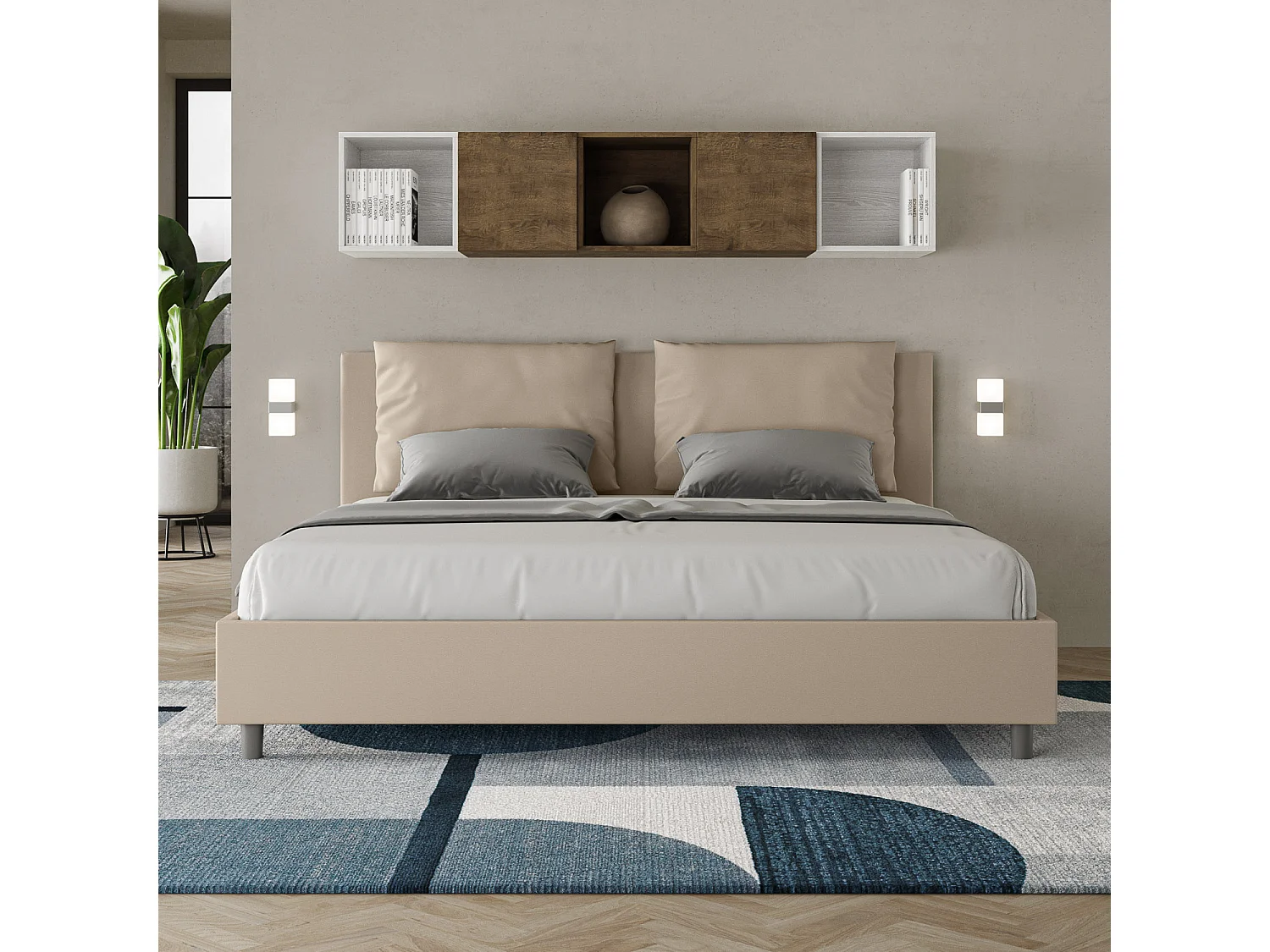 Cama para adultos moderna con cojines acolchados de piel sintética Anja.-Color ribete verde crudo-Ropa de cama 180x200 cm-Opción Con base y sin caja