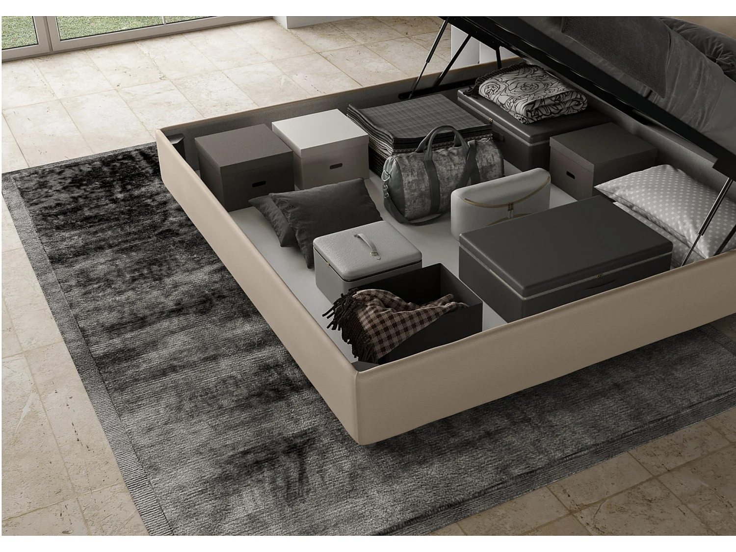 Lit adulte moderne simili cuir Adelyne-Couleur Blanc-160x200-Option Avec sommier