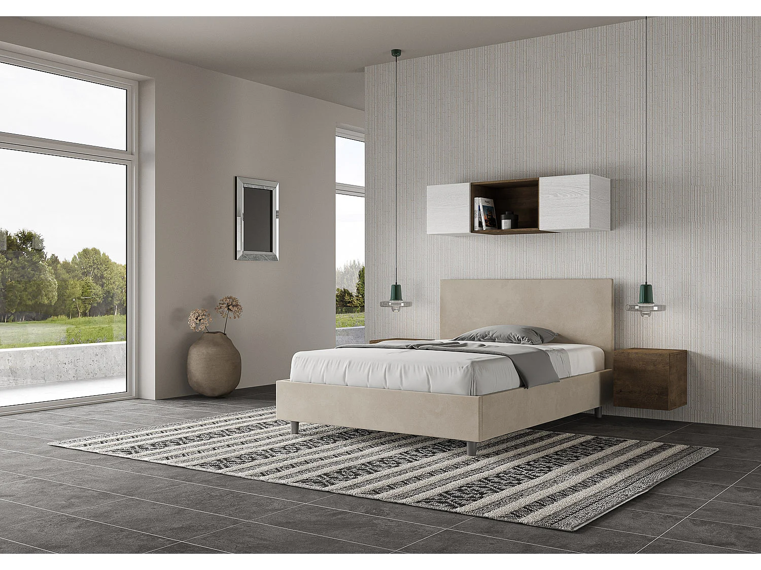 Lit adulte moderne microfibre Adelyne-Couleur Beige-140x190-Option Avec coffre