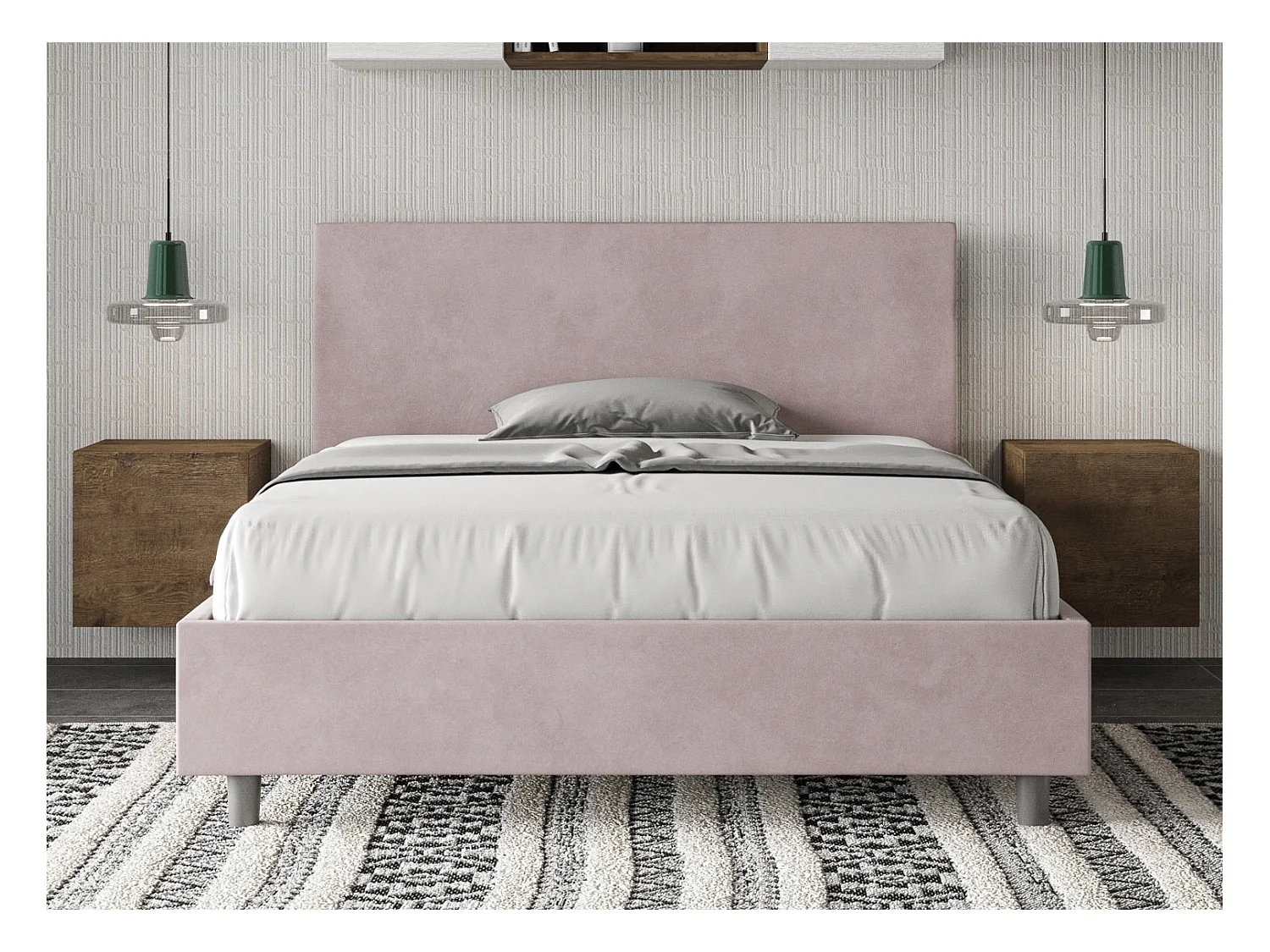 Lit adulte moderne microfibre Adelyne-Couleur Rose clair-140x190-Option Avec sommier