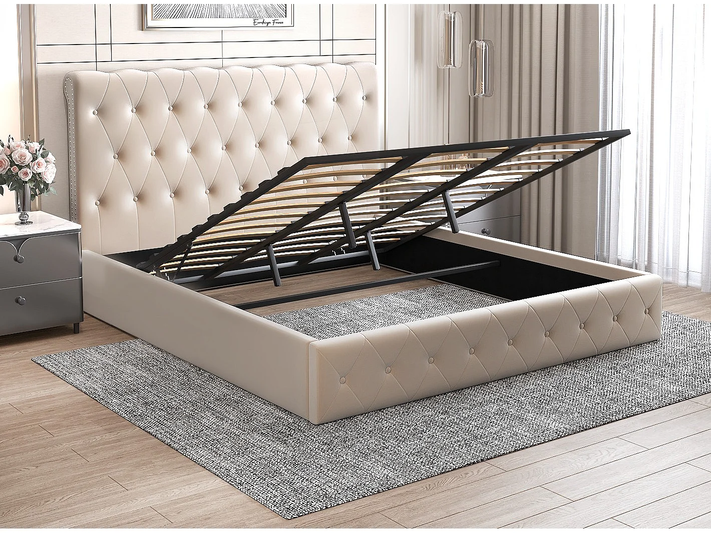 Lit coffre capitonné velours Korzi-Couleur Beige-180x200