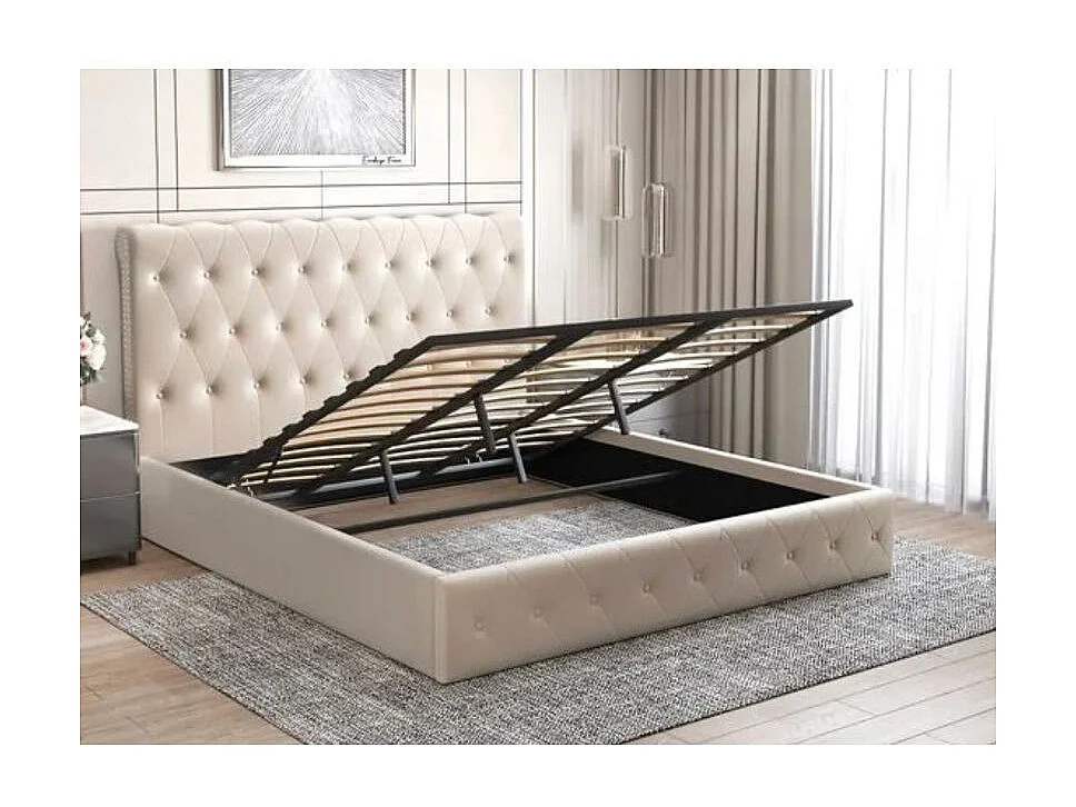 Lit coffre capitonné velours Korzi-Couleur Beige-180x200