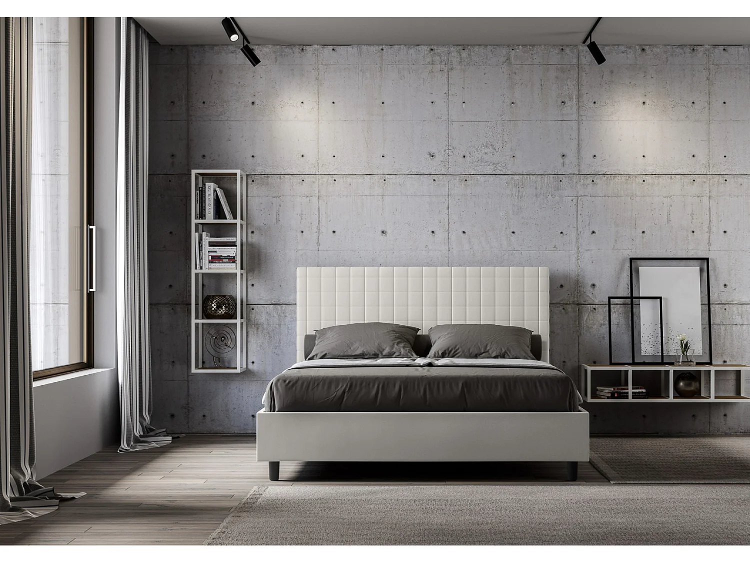 Lit matelassé à carreaux simili cuir Kunda-Couleur Blanc-90x190-Option Avec coffre