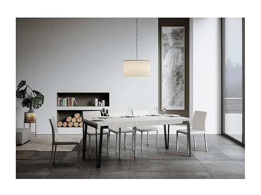 Console extensible design bois et acier anthracite Konta-Couleur Blanc-4 pieds-5 rallonges épaisses