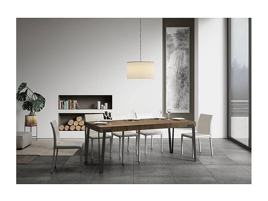 Konta uitschuifbare console design in hout en antraciet staal 90x40/196 of 90x40/300 cm-Kleur Bruin-Steun 2 voet-Verlengsnoeren 3 dikke extensies