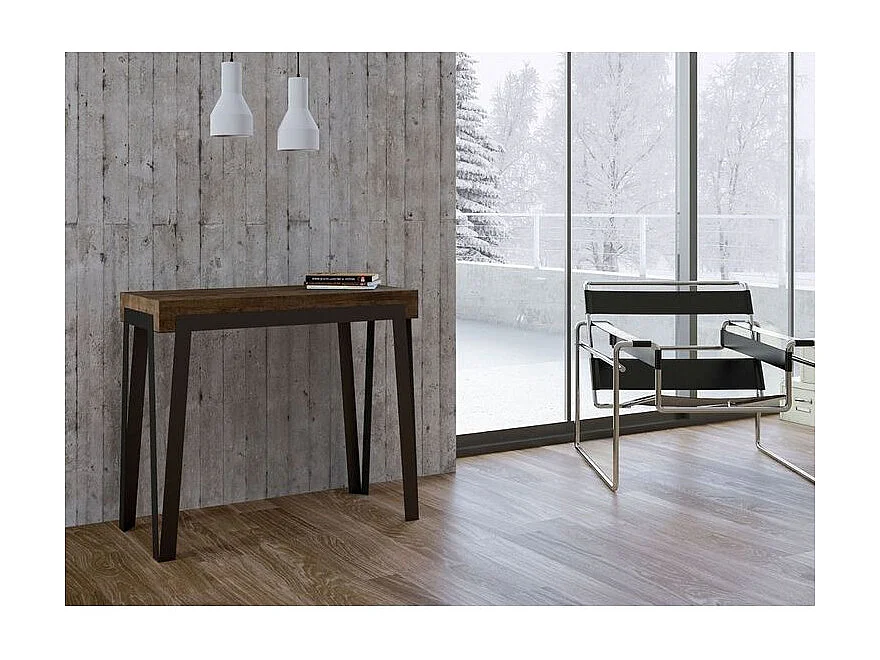 Konta uitschuifbare console design in hout en antraciet staal 90x40/196 of 90x40/300 cm-Kleur Bruin-Steun 4 voet-Verlengsnoeren 3 dikke extensies