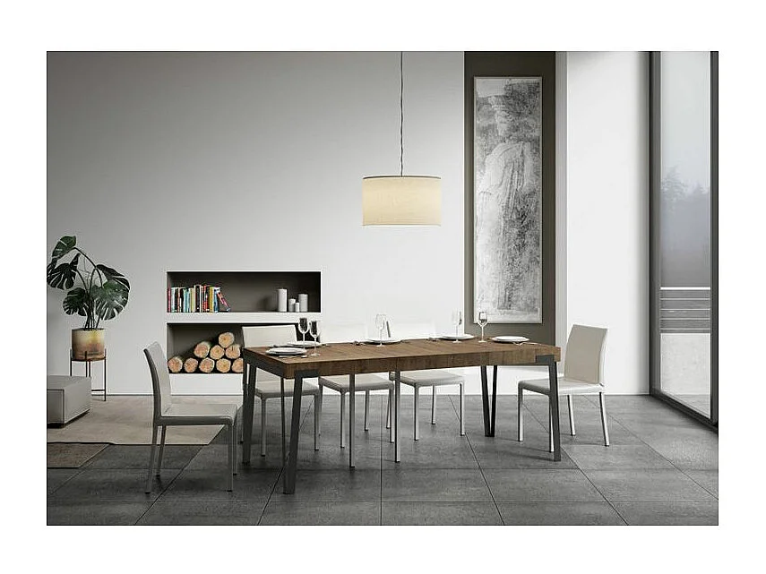 Konta uitschuifbare console design in hout en antraciet staal 90x40/196 of 90x40/300 cm-Kleur Bruin-Steun 4 voet-Verlengsnoeren 3 dikke extensies