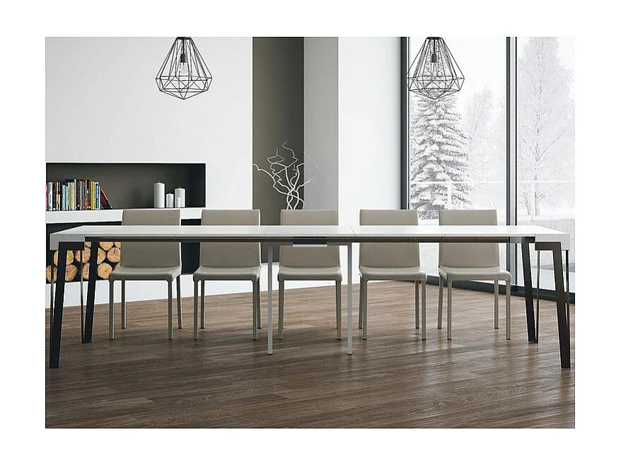 Console extensible design bois et acier anthracite Konta-Couleur Blanc-4 pieds-5 rallonges fines
