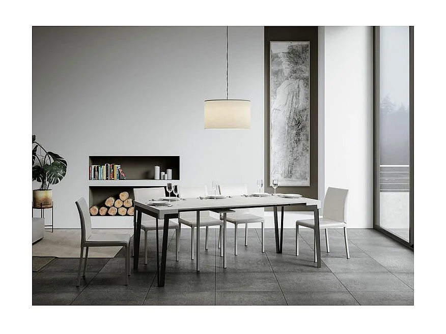 Console extensible design bois et acier anthracite Konta-Couleur Blanc-4 pieds-5 rallonges fines