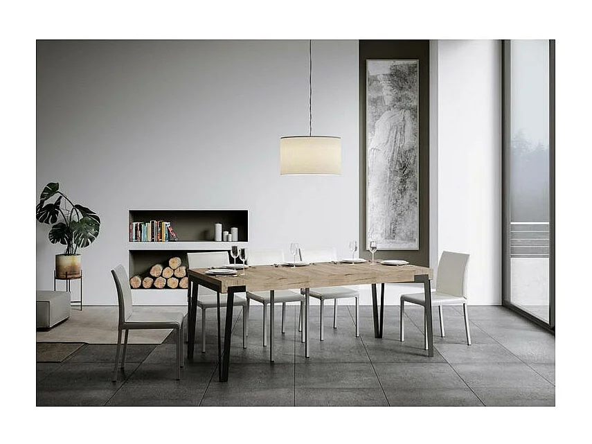 Konta uitschuifbare console design in hout en antraciet staal 90x40/196 of 90x40/300 cm-Kleur Natuurlijk-Steun 4 voet-Verlengsnoeren 5 dikke extensies