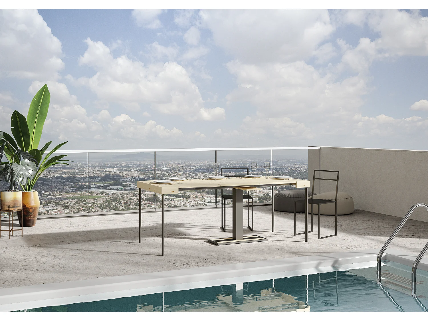 Console extensible sapin massif et pieds acier anthracite 40 à 190cm Mimo-Version premium