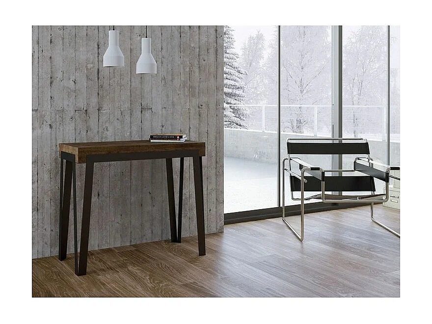 Konta uitschuifbare console design in hout en antraciet staal 90x40/196 of 90x40/300 cm-Kleur Bruin-Steun 4 voet-Verlengsnoeren 3 dunne verlengingen