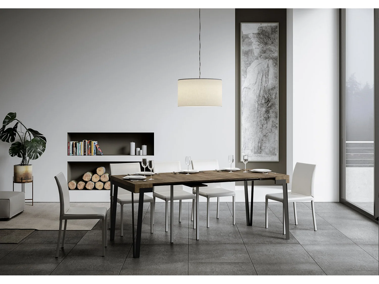 Konta uitschuifbare console design in hout en antraciet staal 90x40/196 of 90x40/300 cm-Kleur Bruin-Steun 4 voet-Verlengsnoeren 3 dunne verlengingen