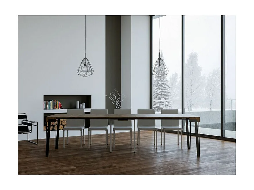 Konta uitschuifbare console design in hout en antraciet staal 90x40/196 of 90x40/300 cm-Kleur Bruin-Steun 4 voet-Verlengsnoeren 5 dunne verlengingen