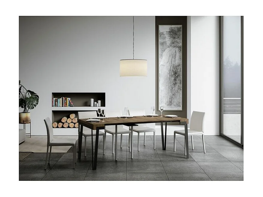 Konta uitschuifbare console design in hout en antraciet staal 90x40/196 of 90x40/300 cm-Kleur Bruin-Steun 4 voet-Verlengsnoeren 5 dunne verlengingen